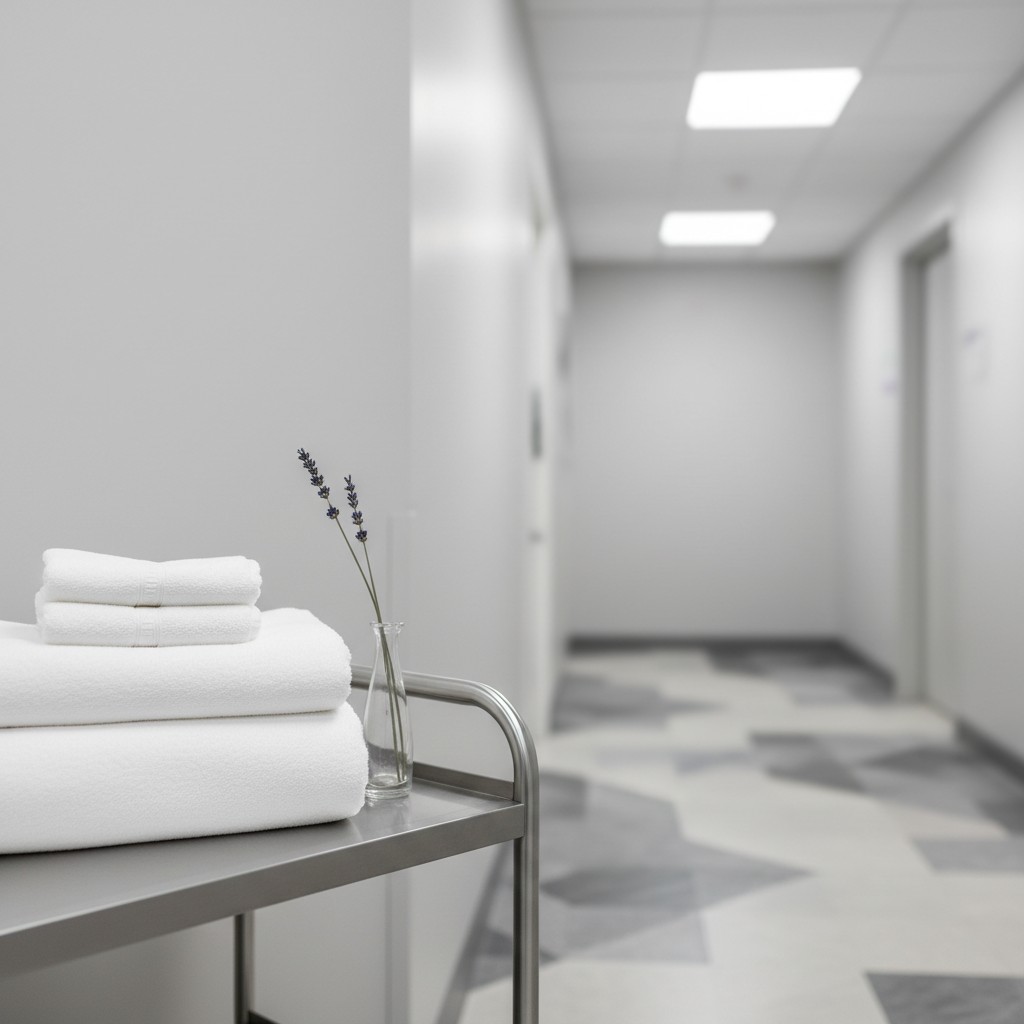 Stacked white towels on a gray cart in a white hallway with a clear vase of lavender flowers..