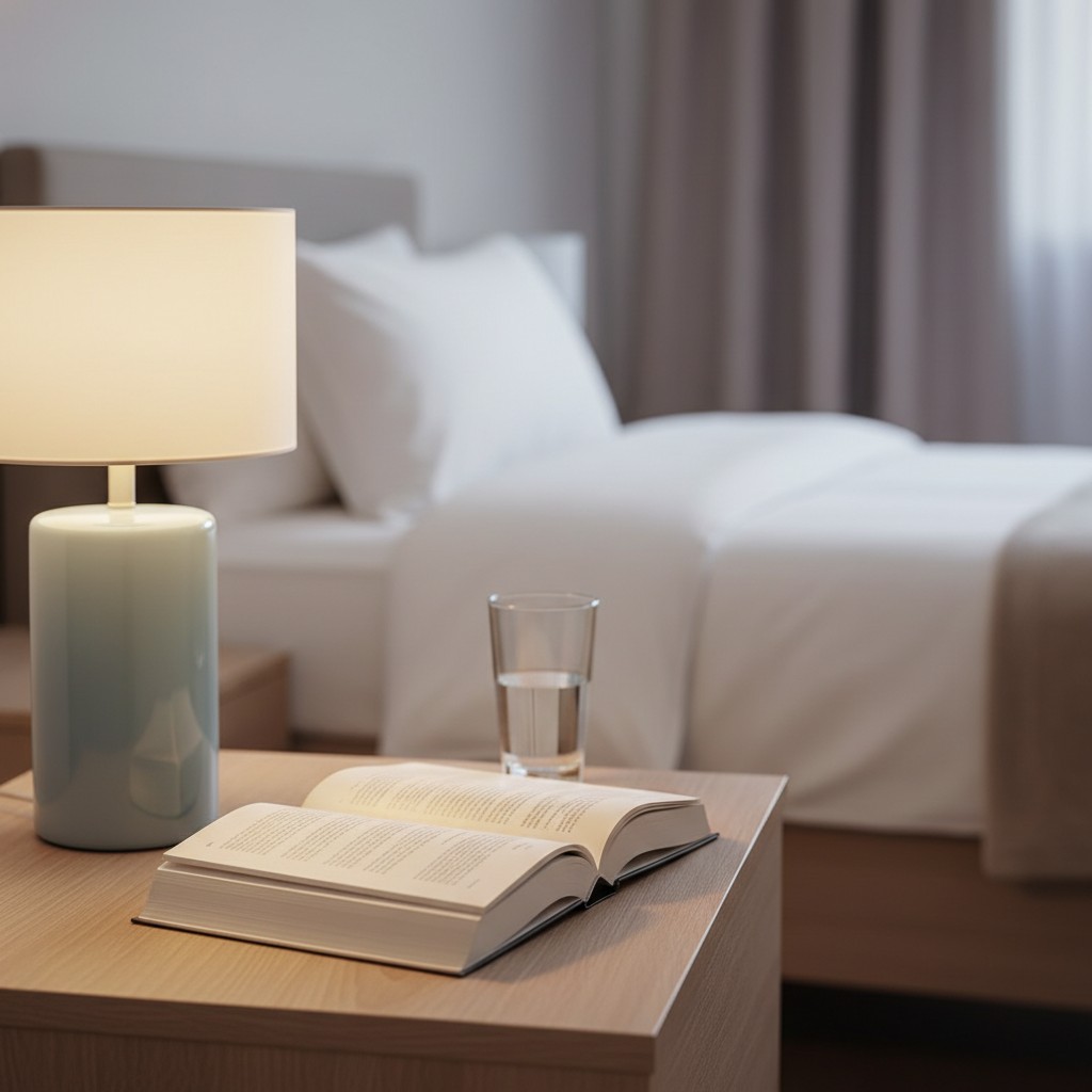 A brightly lit contemporary cylindrical table lamp with a book open and lying on a light wood table and an almost full gla...